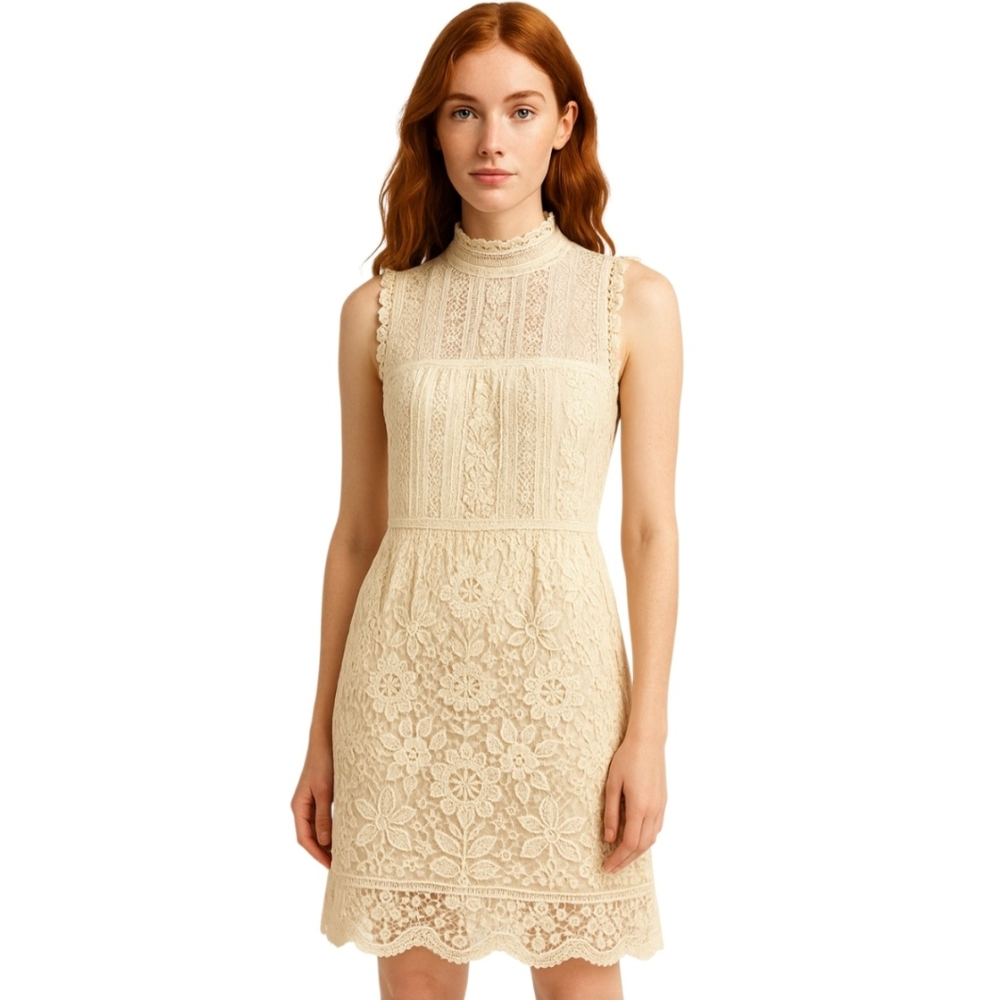 Miss Chievous Cream Sleeveless Mock Neck Sundress Size M Floral Lace Midi-dress